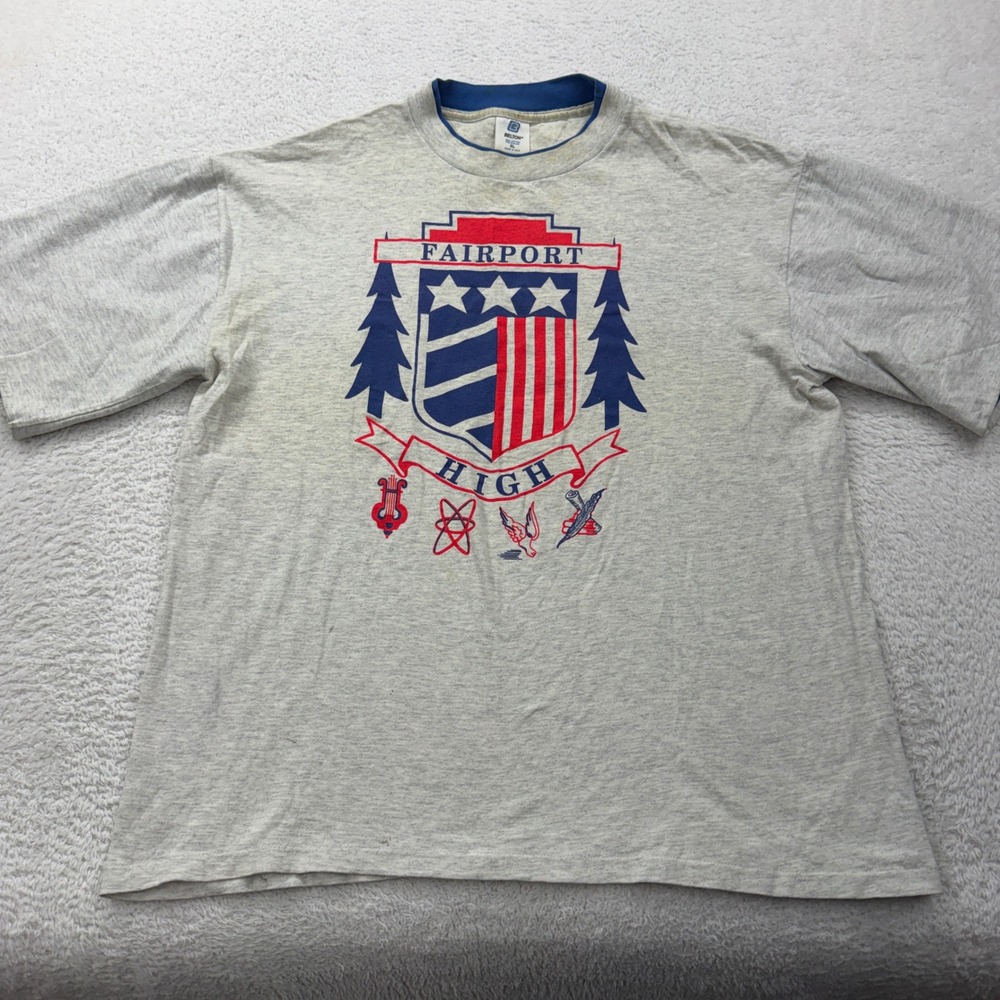 Vintage Belton Fairport High NY Red Raiders T-Shirt XL Gray Made in USA 90 Sport